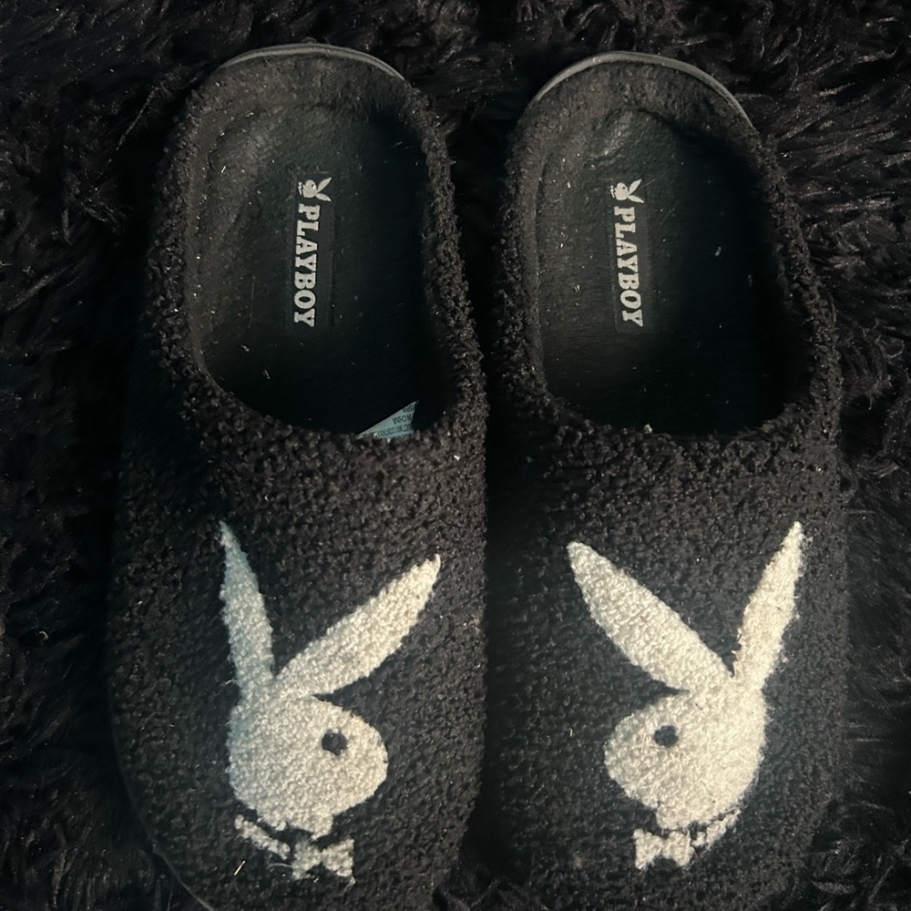 PLAYBOY Black and White Fuzzy Slippers